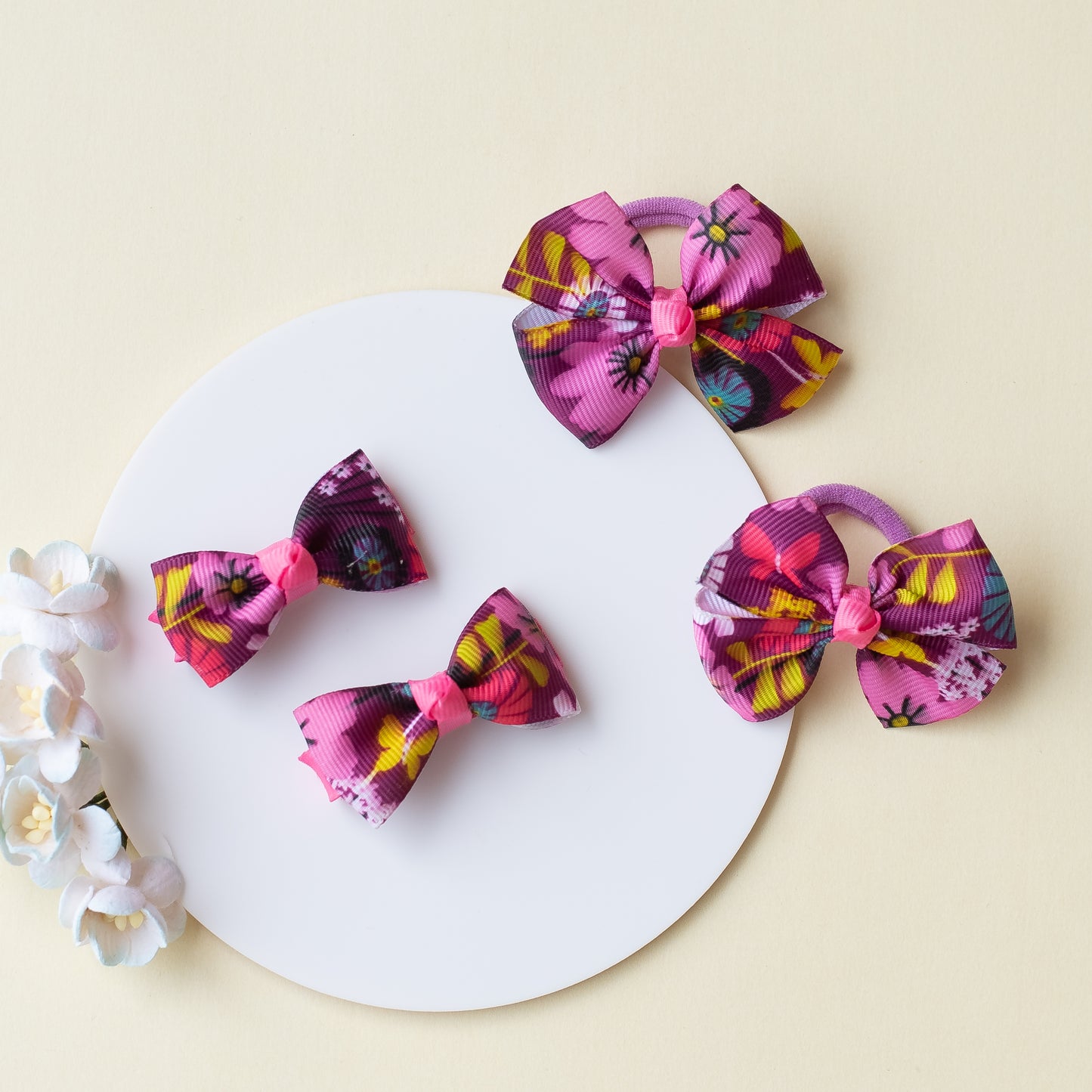 Combo: Floral print small bow on alligator clips and matching small rubberbands (4 nos) - Magenta