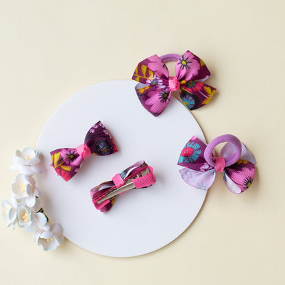 Combo: Floral print small bow on alligator clips and matching small rubberbands (4 nos) - Magenta