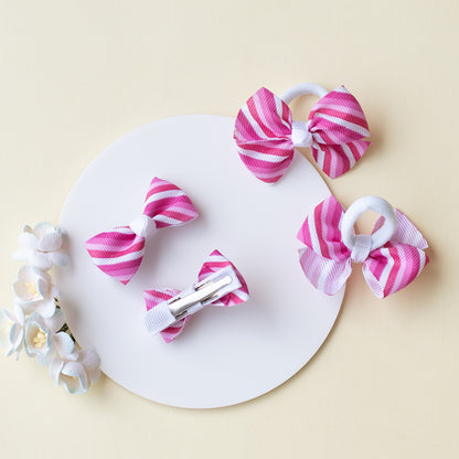 Set Of 4 Bow Detailed Hair Clips & Rubber Bands - Pink & White