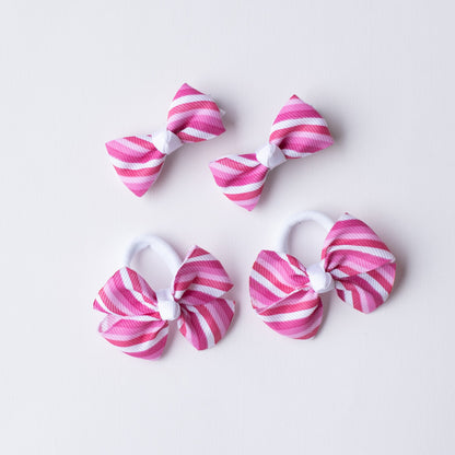 Set Of 4 Bow Detailed Hair Clips & Rubber Bands - Pink & White