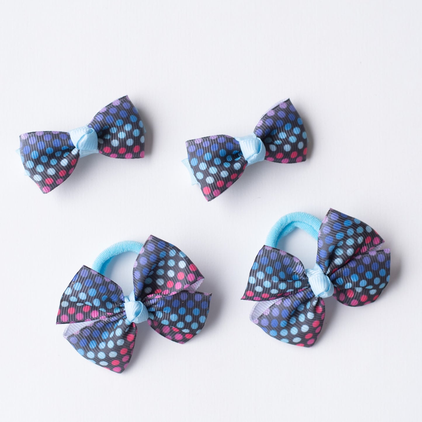 Combo: Polkadot print small bow on alligator cips and matching small rubberbands (4 nos) - Blue and Black.