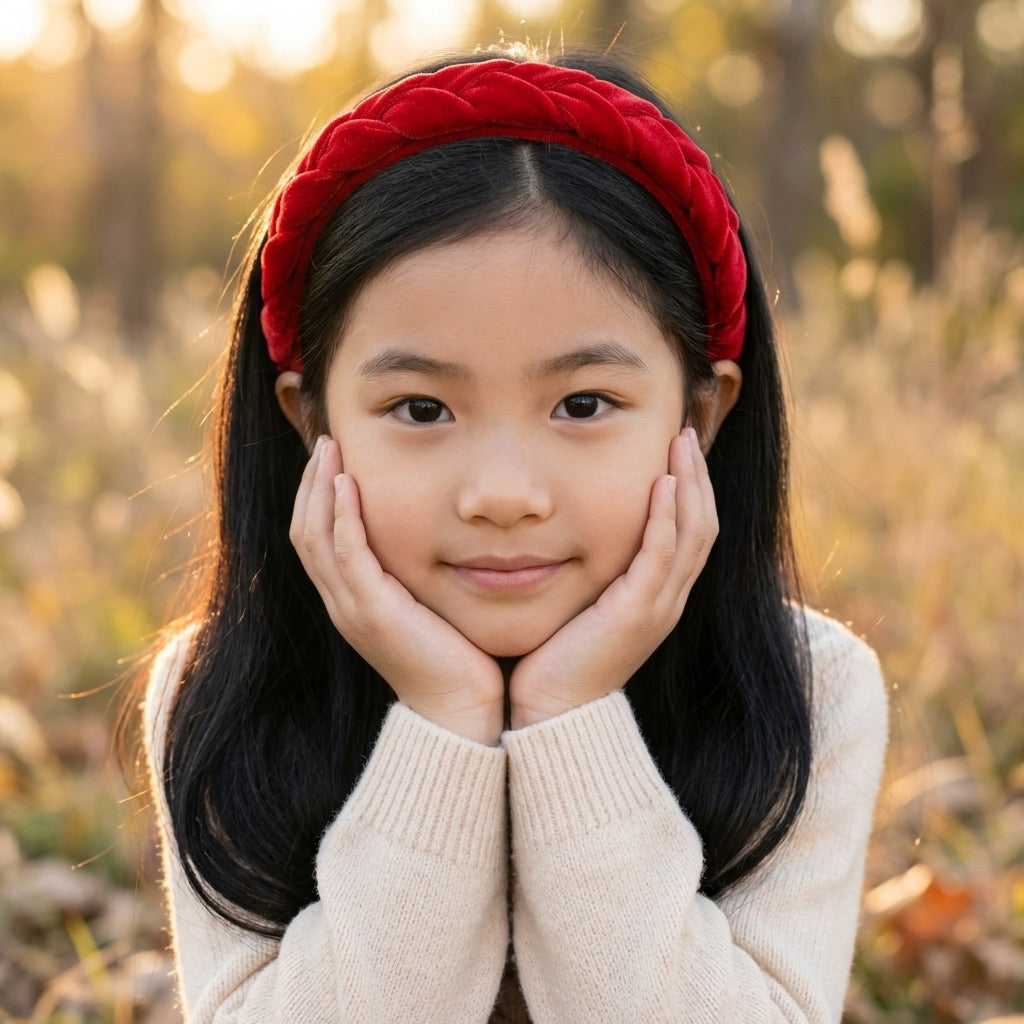 Fancy velvet braided hair band - Red