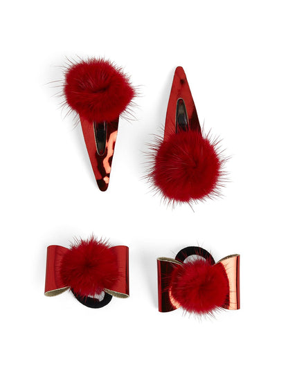 Combo Pair Cute Shiny Tic Tac Soft Pom Pom Pins & 1 Pair Matching Rubbebands with Bows - Red