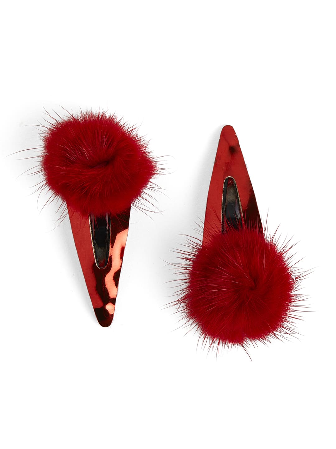 Combo Pair Cute Shiny Tic Tac Soft Pom Pom Pins & 1 Pair Matching Rubbebands with Bows - Red