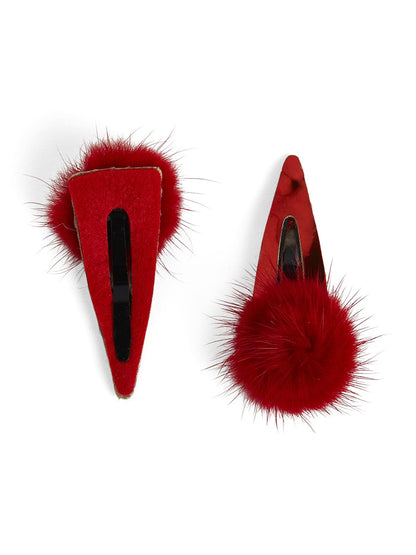 Combo Pair Cute Shiny Tic Tac Soft Pom Pom Pins & 1 Pair Matching Rubbebands with Bows - Red