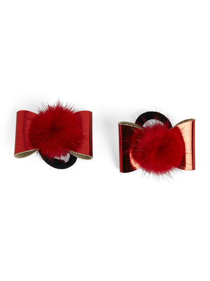 Combo Pair Cute Shiny Tic Tac Soft Pom Pom Pins & 1 Pair Matching Rubbebands with Bows - Red
