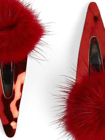 Combo Pair Cute Shiny Tic Tac Soft Pom Pom Pins & 1 Pair Matching Rubbebands with Bows - Red