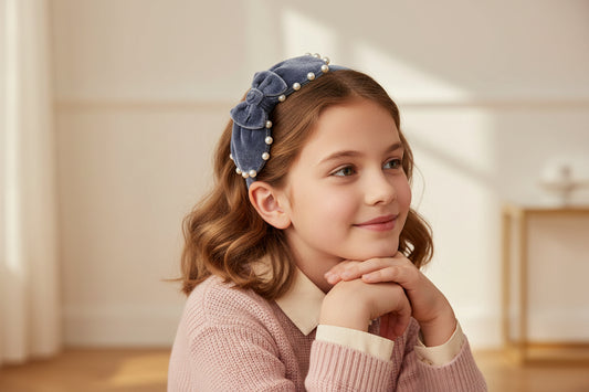 Velvet pearl Hairband with large bow - Grey