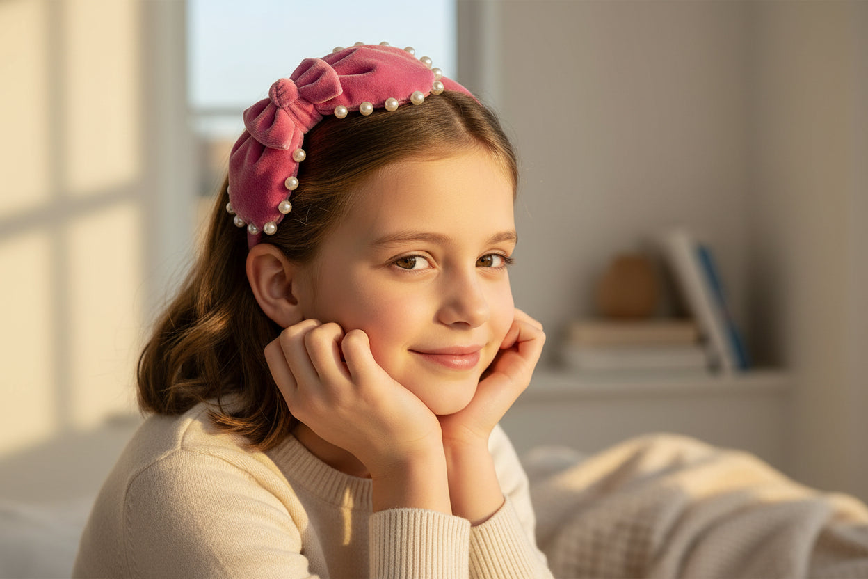 Velvet pearl Hairband with large bow - Purple
