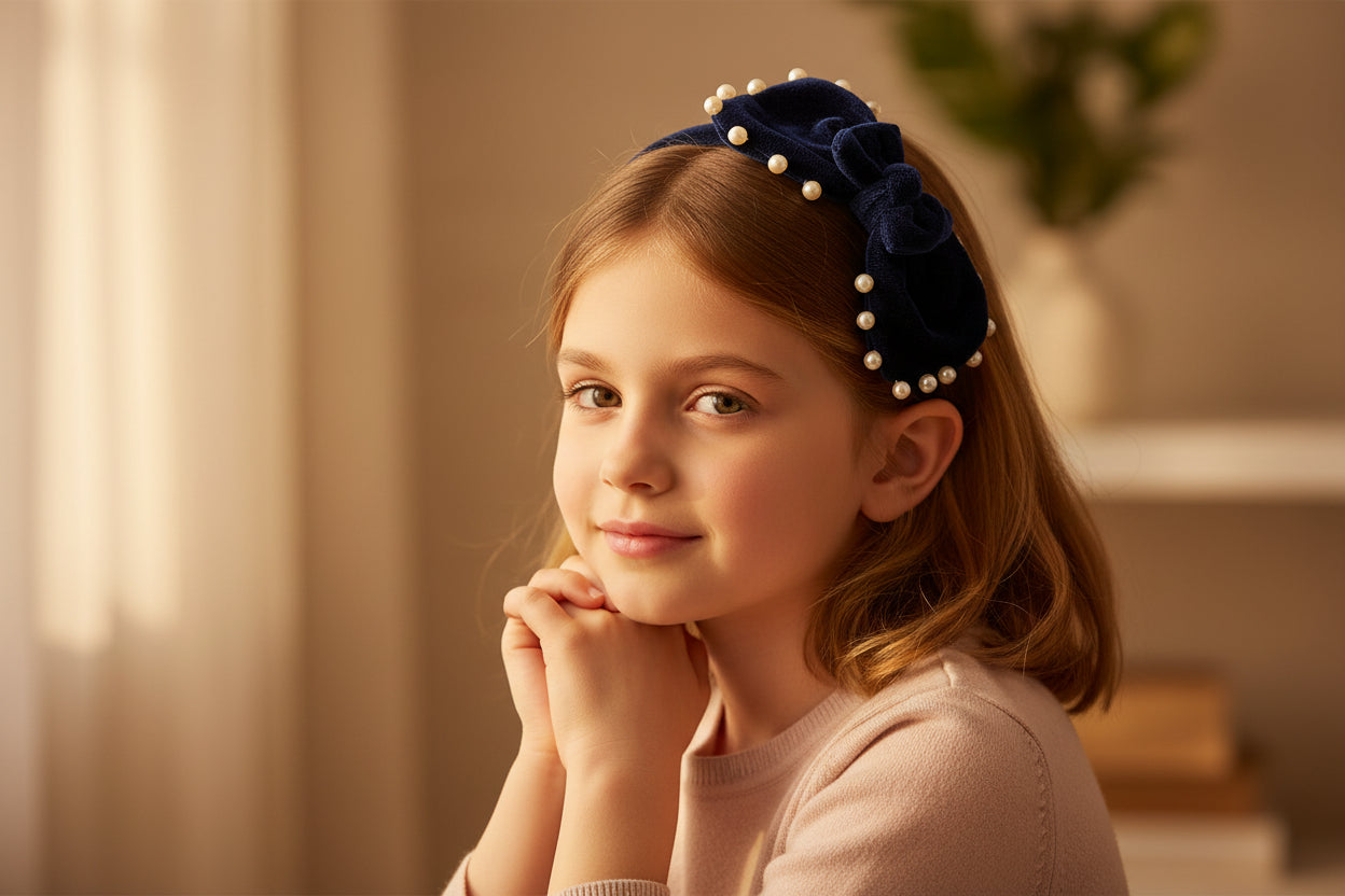 Velvet pearl Hairband with large bow - Navy Blue