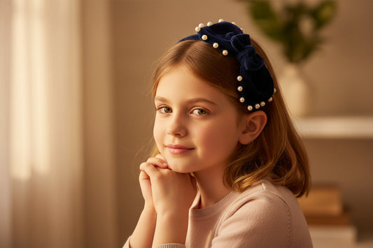 Velvet pearl Hairband with large bow - Navy Blue