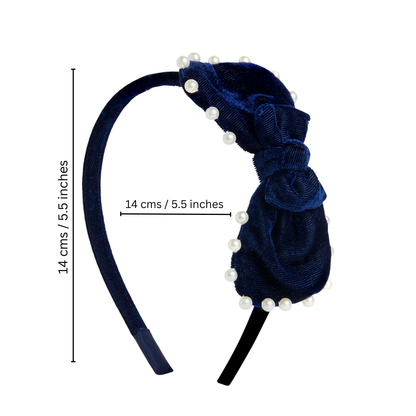 Velvet pearl Hairband with large bow - Navy Blue
