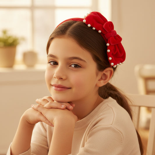 Velvet pearl Hairband with large bow - Pink