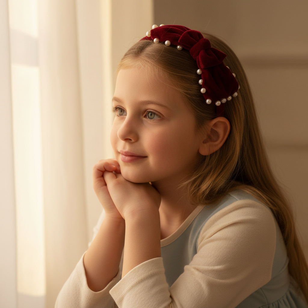 Velvet pearl Hairband with large bow - Maroon