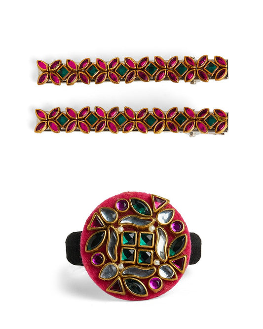 Colorful Kundan Stone Rubber band and Alligator clip - Multicolor
