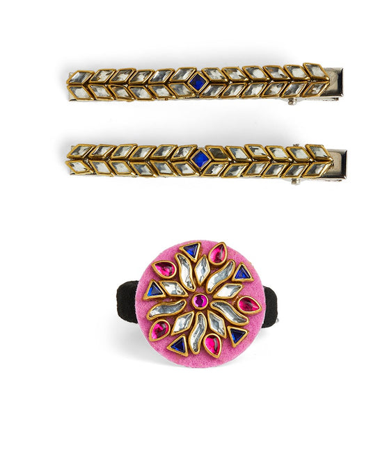 Colorful Kundan Stone Rubber band and Alligator clip - Multicolor