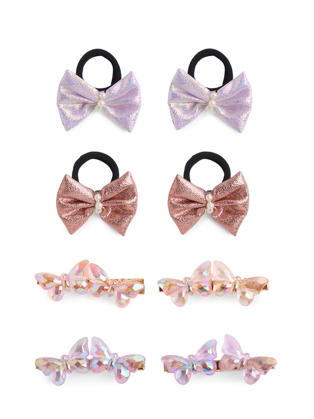 Combo Pack of 2 Pair Shiny Rubberbands and 2 Pair Matching Alligator Clips - Purple, Rose Gold