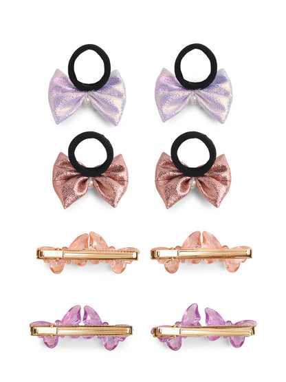 Combo Pack of 2 Pair Shiny Rubberbands and 2 Pair Matching Alligator Clips - Purple, Rose Gold