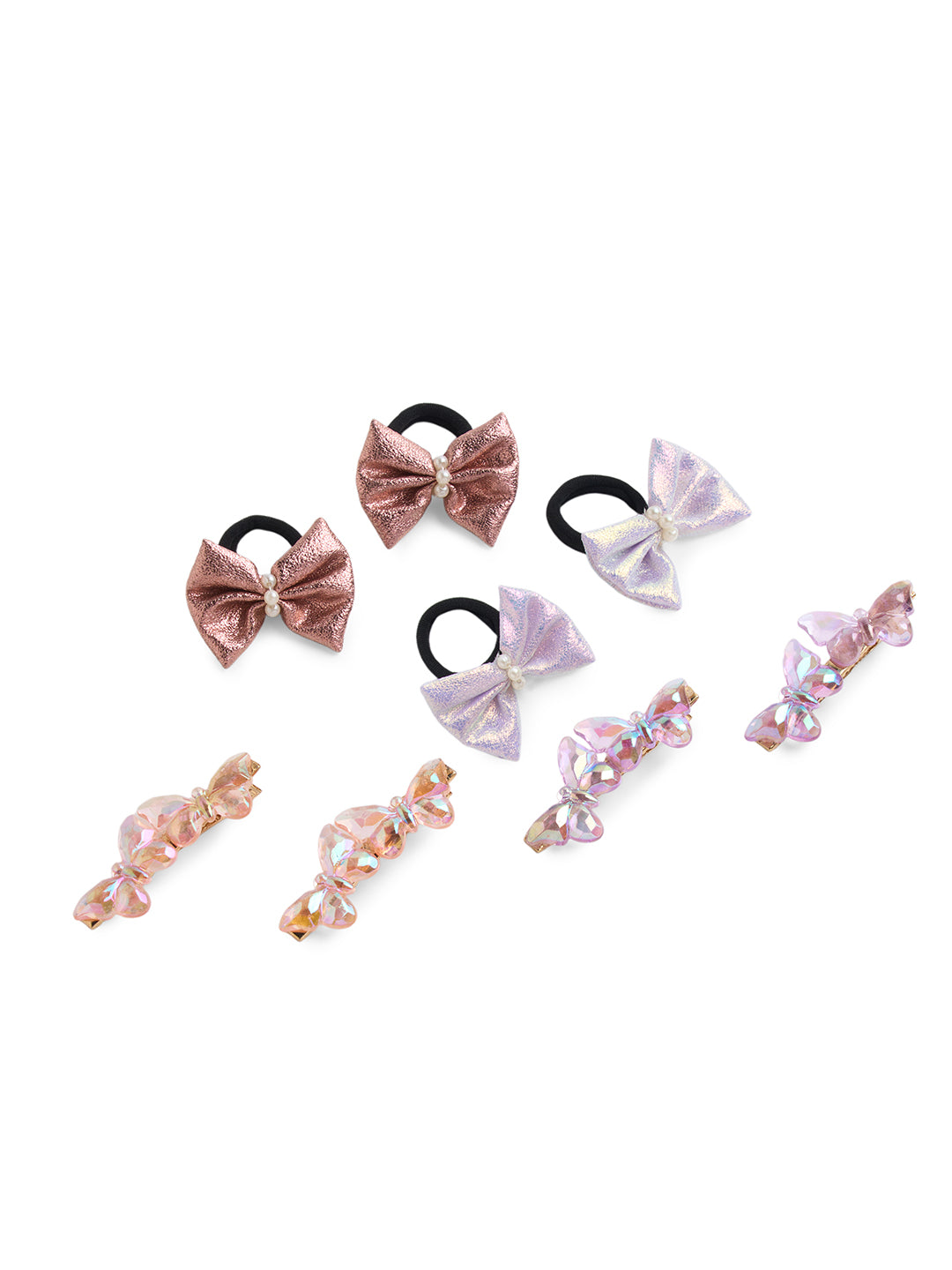 Combo Pack of 2 Pair Shiny Rubberbands and 2 Pair Matching Alligator Clips - Purple, Rose Gold