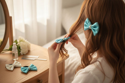 Combo Pack of 2 Pair Shiny Rubberbands and 2 Pair Matching Alligator Clips - Blue, Off White