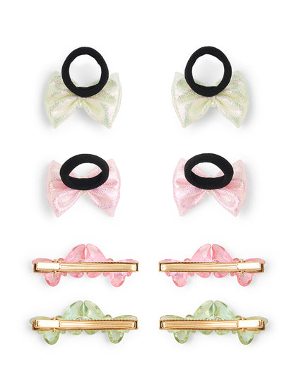 Combo Pack of 2 Pair Shiny Rubberbands and 2 Pair Matching Alligator Clips - Off White, Pink