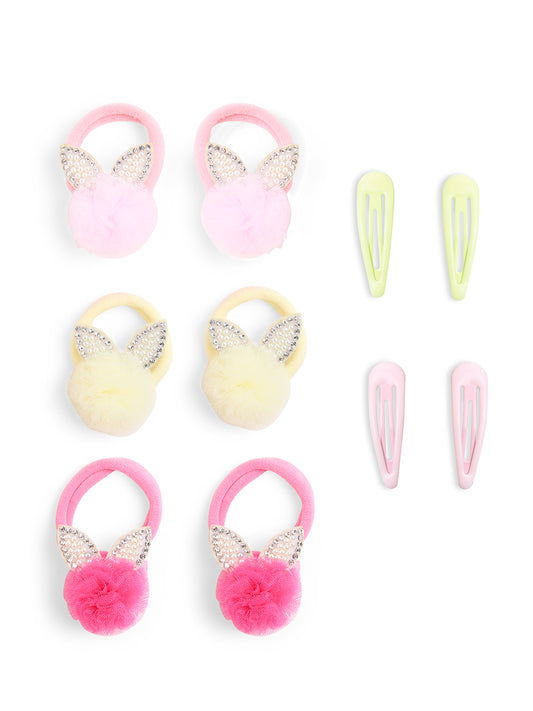 Combo of 3 Pairs Pom-pom Rubberbands and 2 Pairs matching Snap clips - Off White, Pink