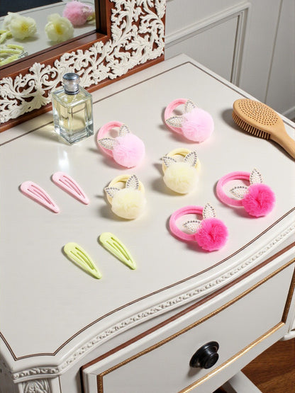 Combo of 3 Pairs Pom-pom Rubberbands and 2 Pairs matching Snap clips - Off White, Pink