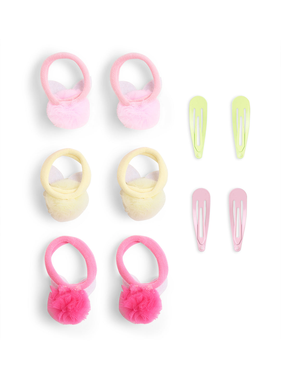 Combo of 3 Pairs Pom-pom Rubberbands and 2 Pairs matching Snap clips - Off White, Pink