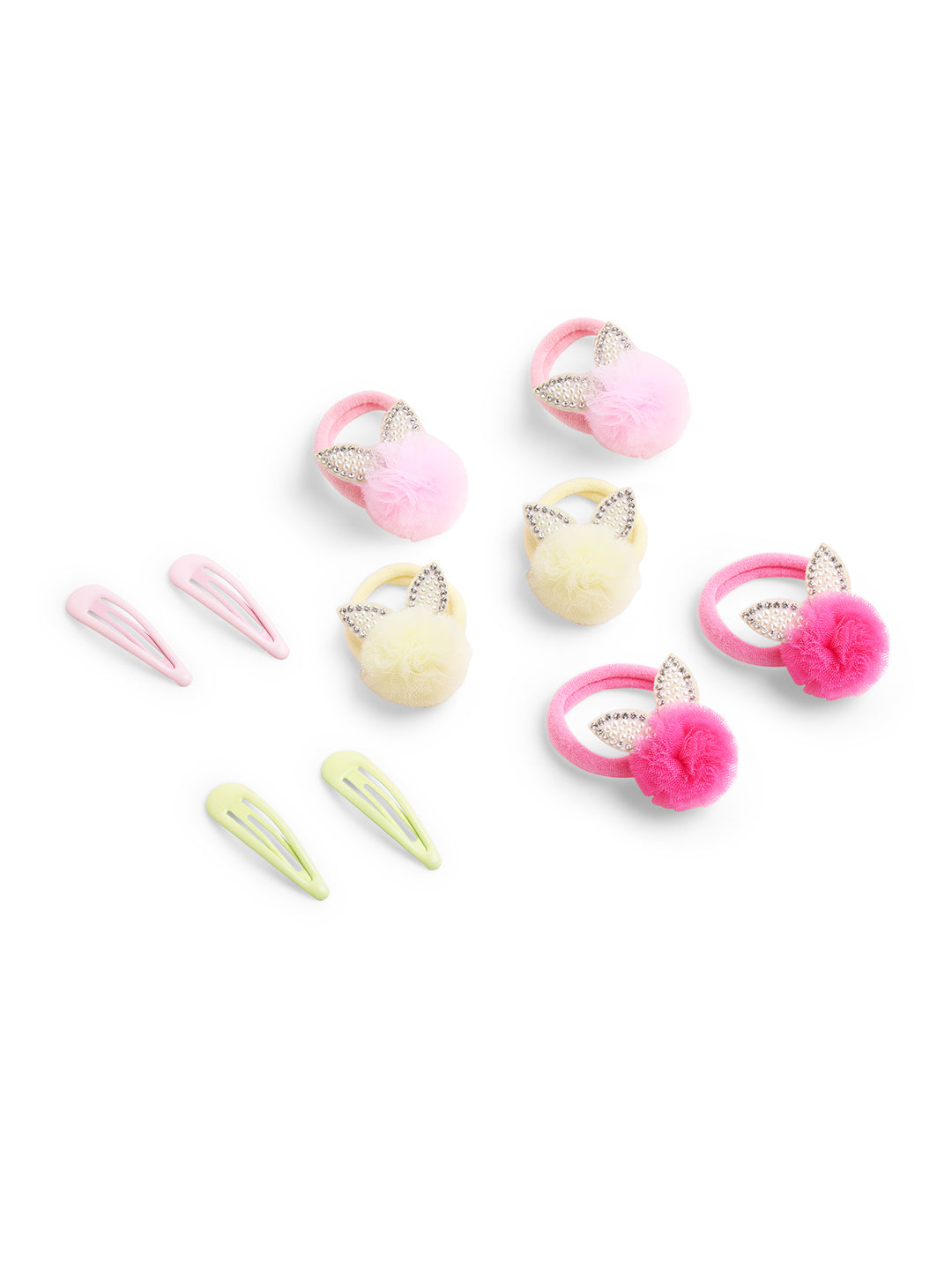 Combo of 3 Pairs Pom-pom Rubberbands and 2 Pairs matching Snap clips - Off White, Pink