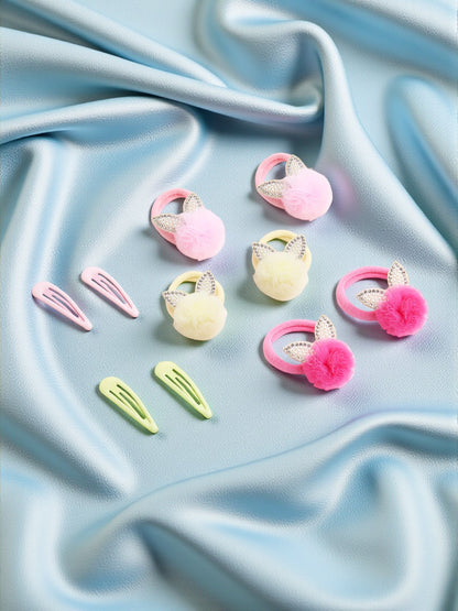 Combo of 3 Pairs Pom-pom Rubberbands and 2 Pairs matching Snap clips - Off White, Pink