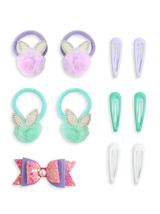 Pack of 11 -  2 Pair Pom-pom Rubberbands, 3 Pair Snap Clip and 1 matching Alligator Clip - Multicolor