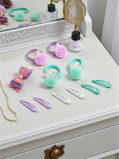 Pack of 11 -  2 Pair Pom-pom Rubberbands, 3 Pair Snap Clip and 1 matching Alligator Clip - Multicolor