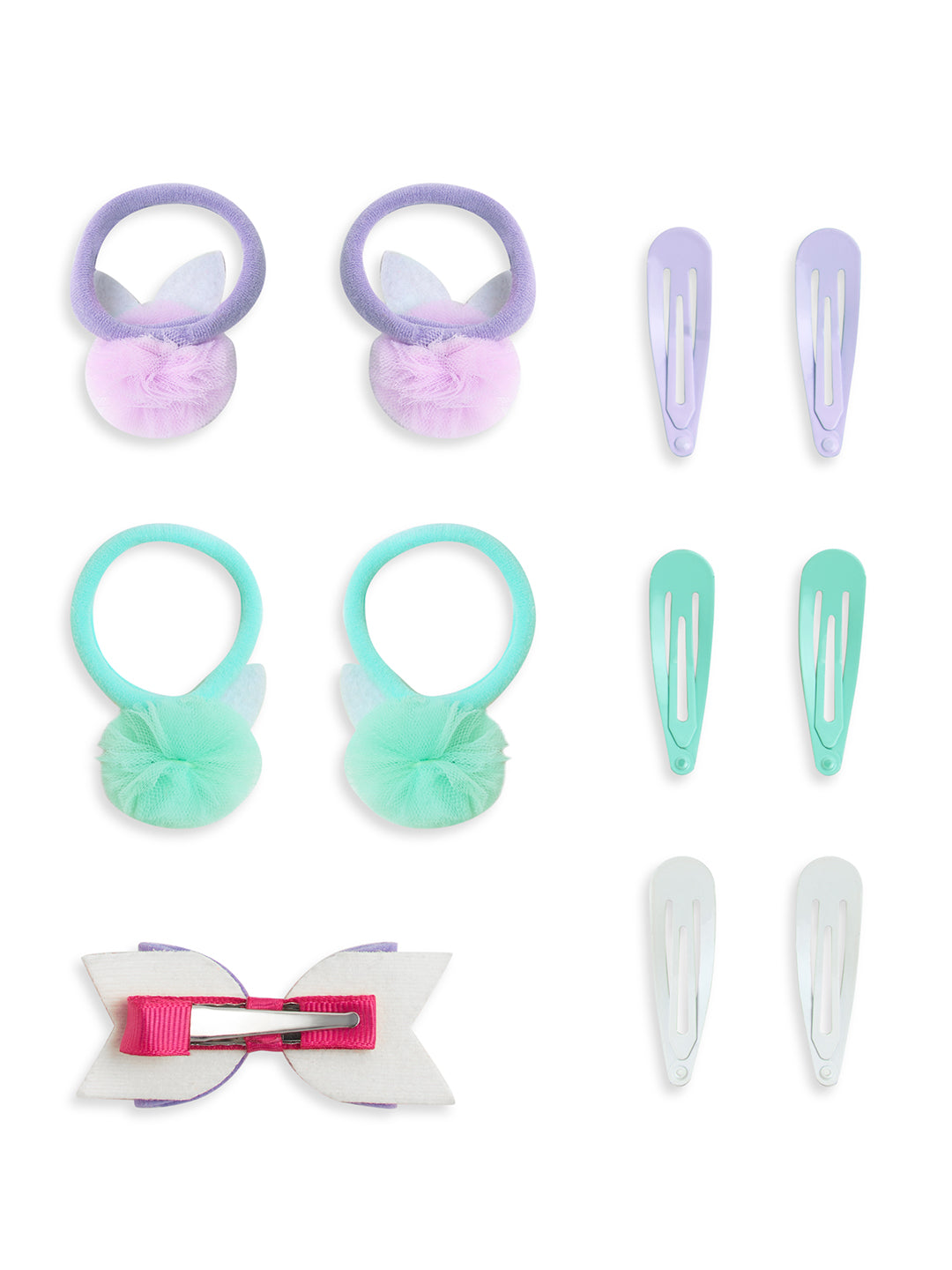 Pack of 11 -  2 Pair Pom-pom Rubberbands, 3 Pair Snap Clip and 1 matching Alligator Clip - Multicolor