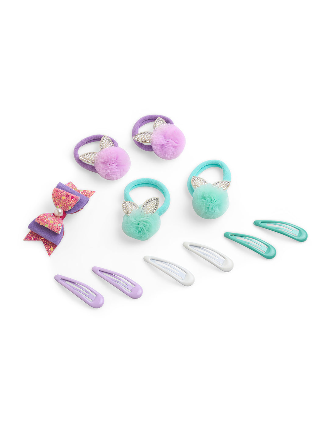 Pack of 11 -  2 Pair Pom-pom Rubberbands, 3 Pair Snap Clip and 1 matching Alligator Clip - Multicolor