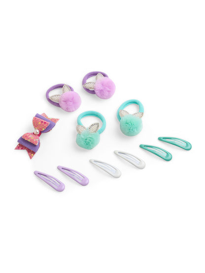 Pack of 11 -  2 Pair Pom-pom Rubberbands, 3 Pair Snap Clip and 1 matching Alligator Clip - Multicolor