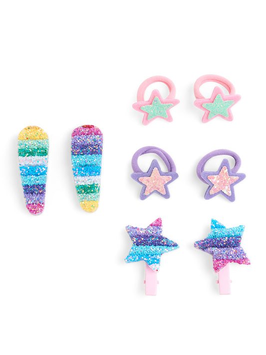 Pack of 2 Pair Glittery Star Rubberband, 1 Pair Tic-tac Pins and 1 Pair Matching Alligator clips - Multicolor