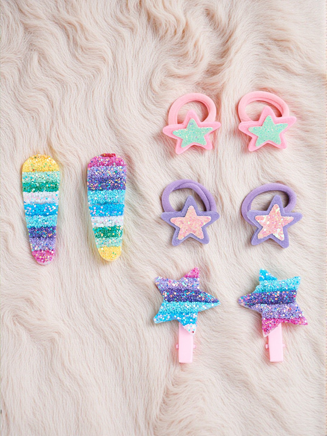 Pack of 2 Pair Glittery Star Rubberband, 1 Pair Tic-tac Pins and 1 Pair Matching Alligator clips - Multicolor