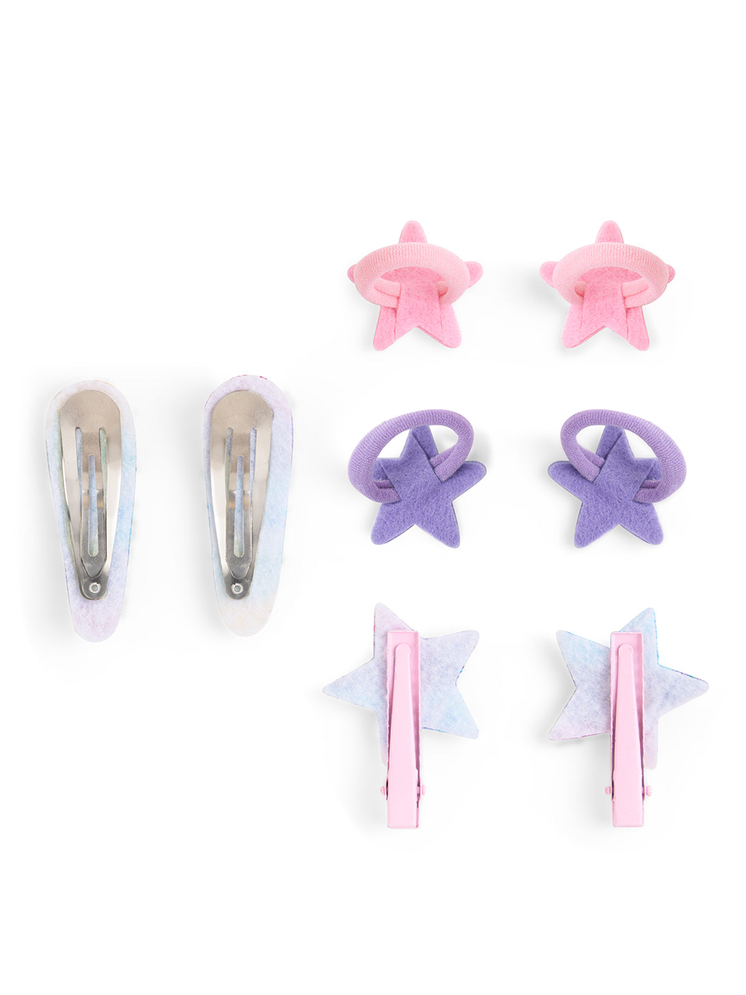Pack of 2 Pair Glittery Star Rubberband, 1 Pair Tic-tac Pins and 1 Pair Matching Alligator clips - Multicolor