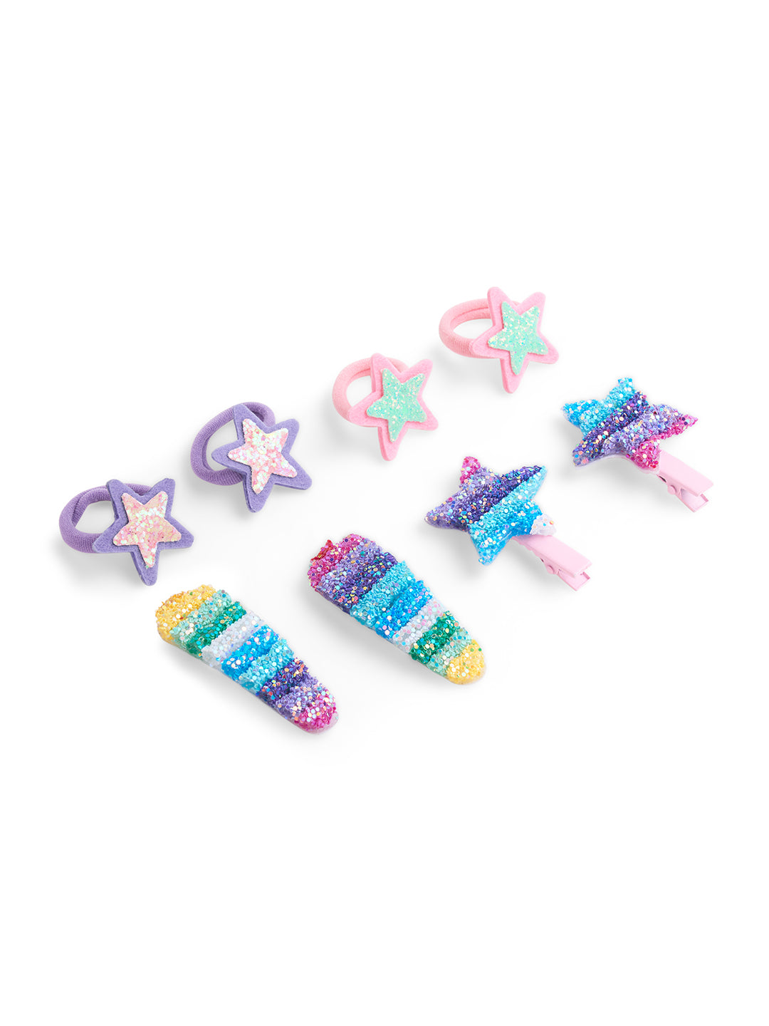 Pack of 2 Pair Glittery Star Rubberband, 1 Pair Tic-tac Pins and 1 Pair Matching Alligator clips - Multicolor