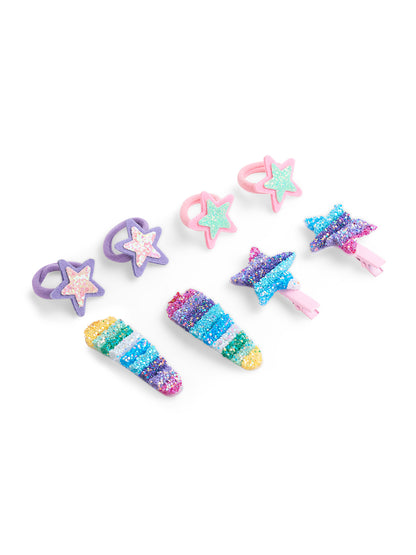 Pack of 2 Pair Glittery Star Rubberband, 1 Pair Tic-tac Pins and 1 Pair Matching Alligator clips - Multicolor