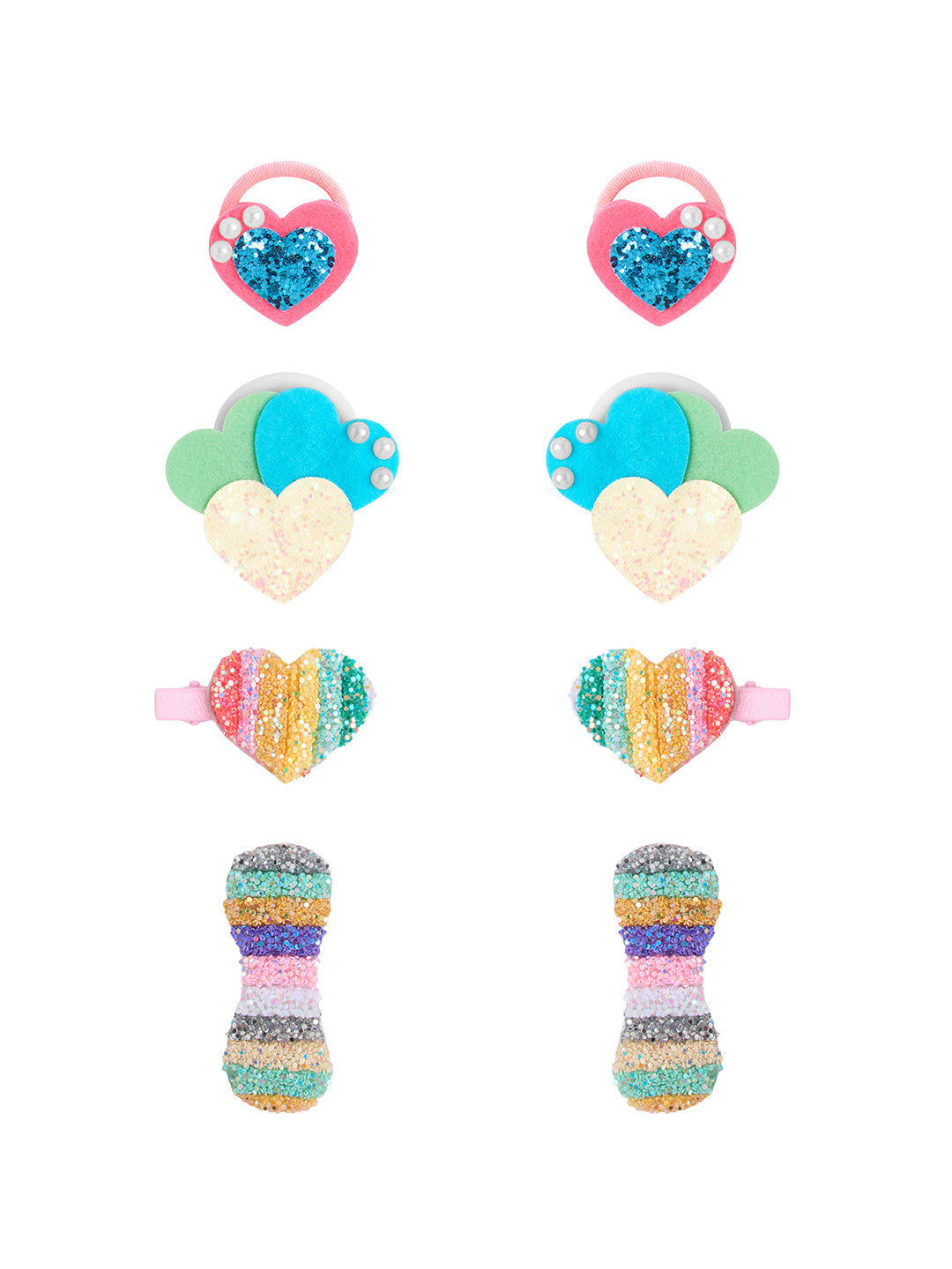 Pack of- 2 Pair Glittery Hear Rubberband, 1 Pair Tic - Tac Pins and 1 Pair  Alligator clip - Multicolor