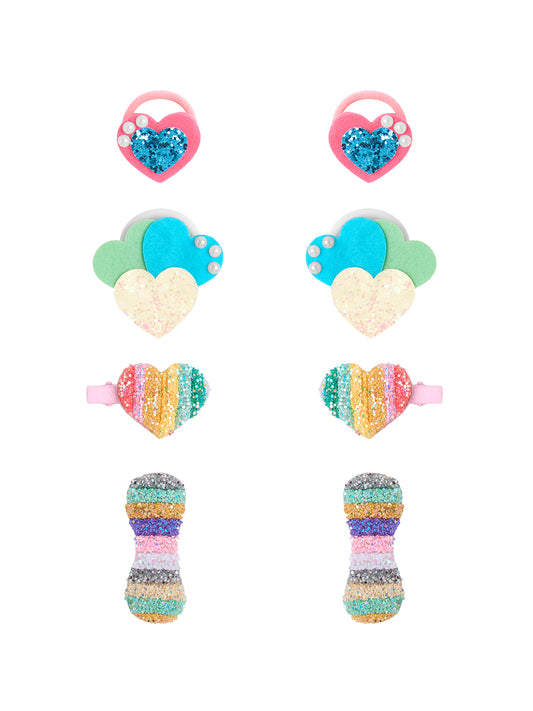 Pack of- 2 Pair Glittery Hear Rubberband, 1 Pair Tic - Tac Pins and 1 Pair  Alligator clip - Multicolor