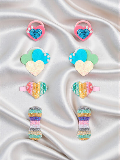 Pack of- 2 Pair Glittery Hear Rubberband, 1 Pair Tic - Tac Pins and 1 Pair  Alligator clip - Multicolor