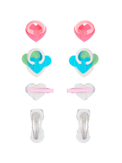 Pack of- 2 Pair Glittery Hear Rubberband, 1 Pair Tic - Tac Pins and 1 Pair  Alligator clip - Multicolor