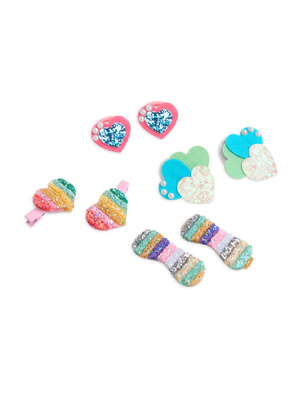 Pack of- 2 Pair Glittery Hear Rubberband, 1 Pair Tic - Tac Pins and 1 Pair  Alligator clip - Multicolor
