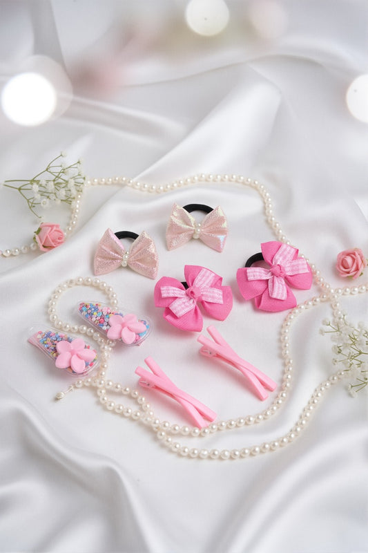 Pack of  2 Pair Bow Rubberbands and 2 Pair Alligator Clip - Pink