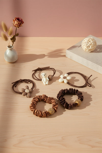Pack of 5 Scrunchies  - Brown