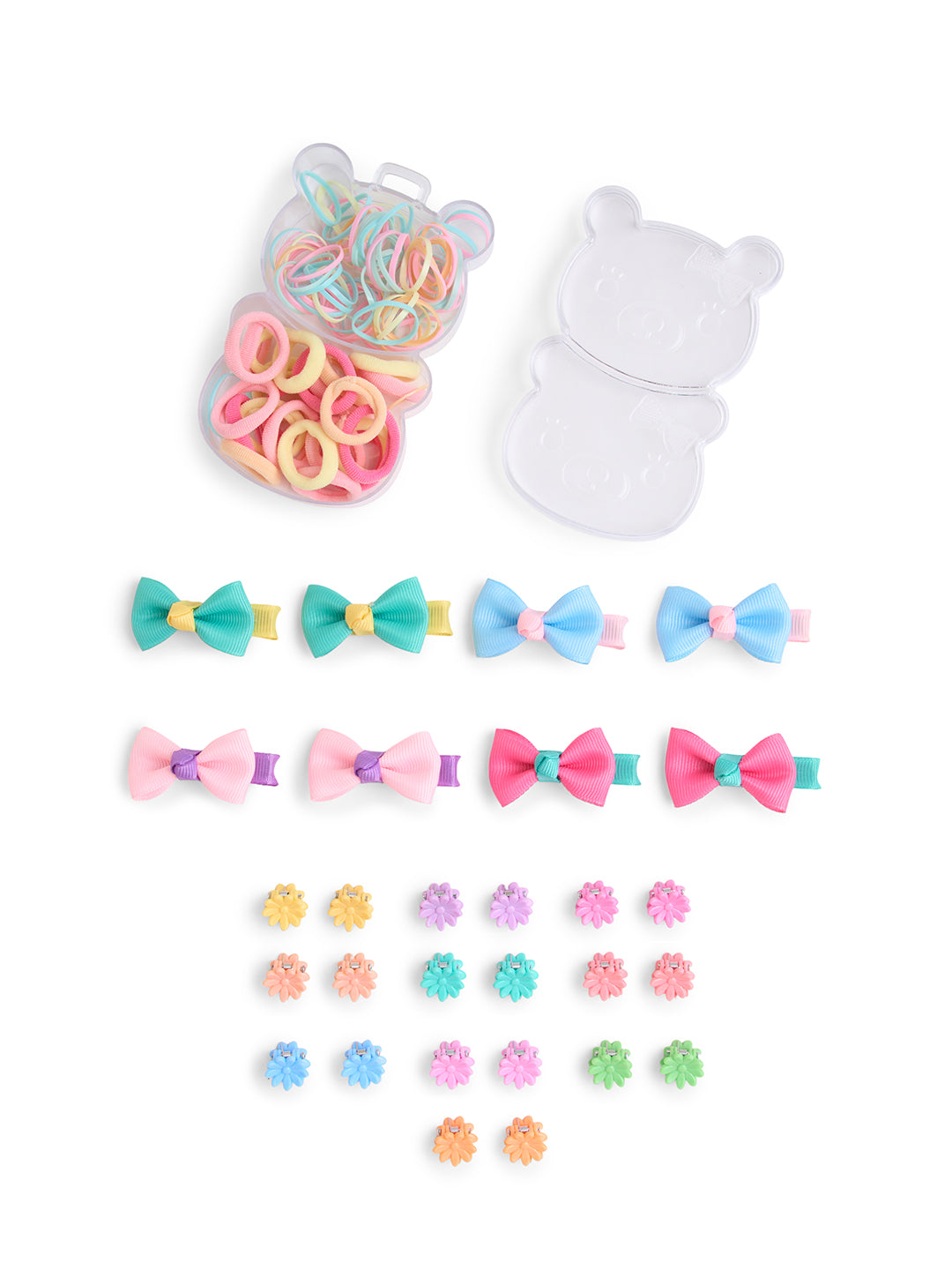 Combo of - 1 Jumbo pack assorted hair-ties, 4 Pair alligator clips and 10 pair claw clips - Multicolour