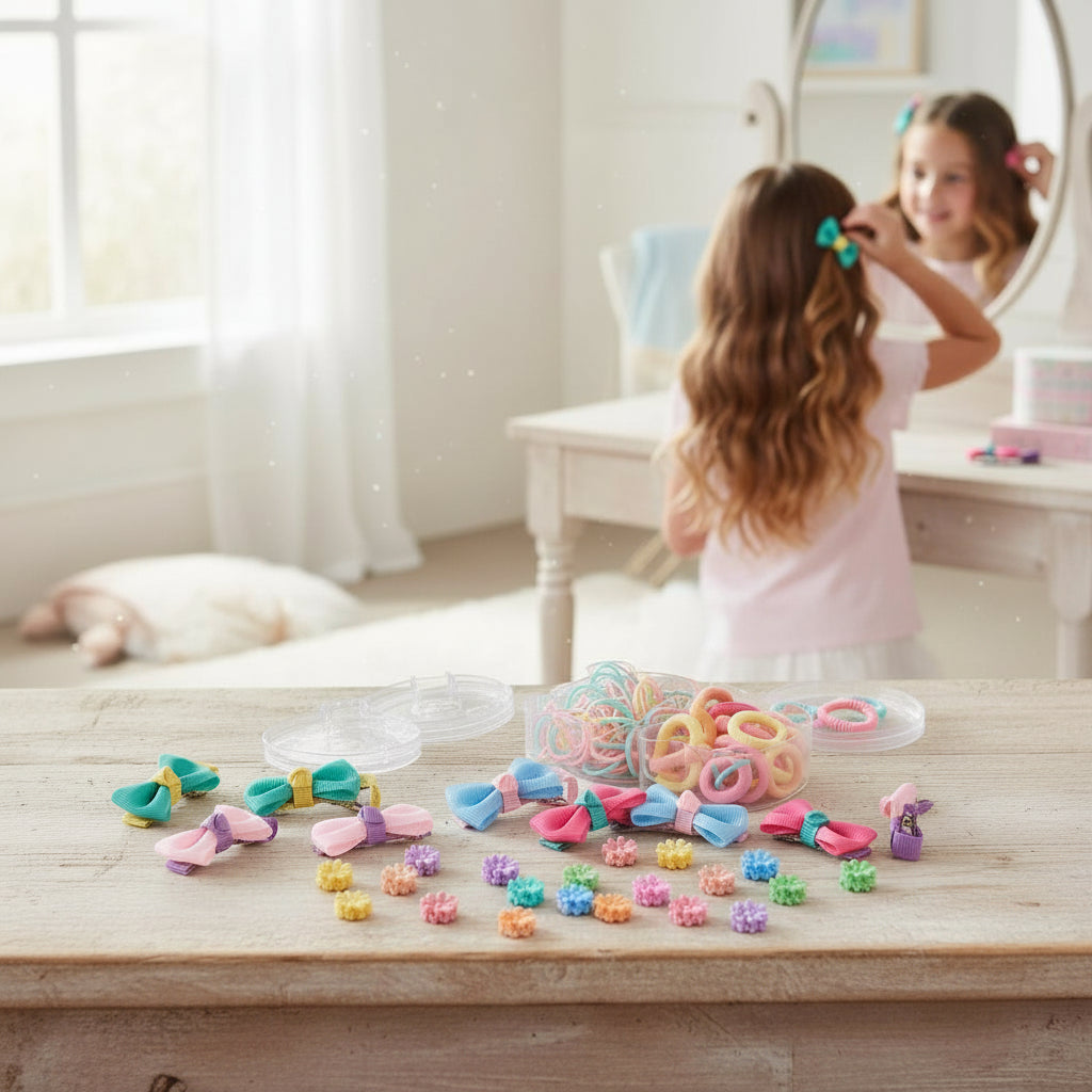 Combo of - 1 Jumbo pack assorted hair-ties, 4 Pair alligator clips and 10 pair claw clips - Multicolour