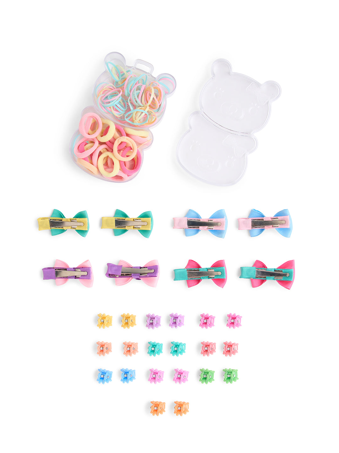 Combo of - 1 Jumbo pack assorted hair-ties, 4 Pair alligator clips and 10 pair claw clips - Multicolour